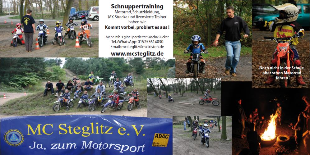 Bildcollage vom Schnuppertraining des MC Steglitz mit Kindergruppe, Trainern und Lagerfeuer
